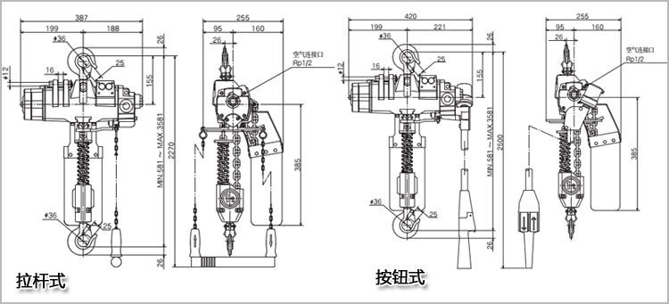 遠藤ENDO EHL-TW型氣動葫蘆尺寸